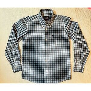RIVER WOODS Boy Sz 12 Classic Blue Plaid Button Up Shirt Preppy Staple Luxury